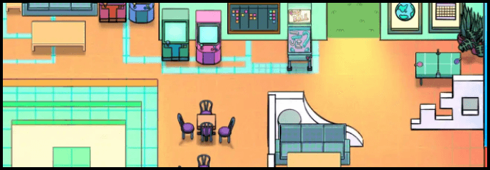 Illustration of a room with sofas, chairs, arcades, ping pong table and more
