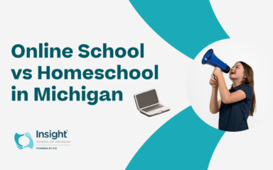 An image with the school logo, text that reads: "Online School vs HomeSchool in Michigan" and a picture of a girl and a laptop illustration.