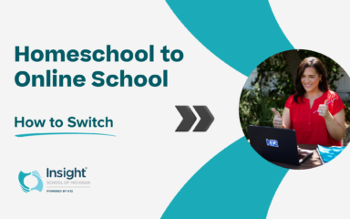 Michigan student switching from homeschool to online school working at a laptop at home.